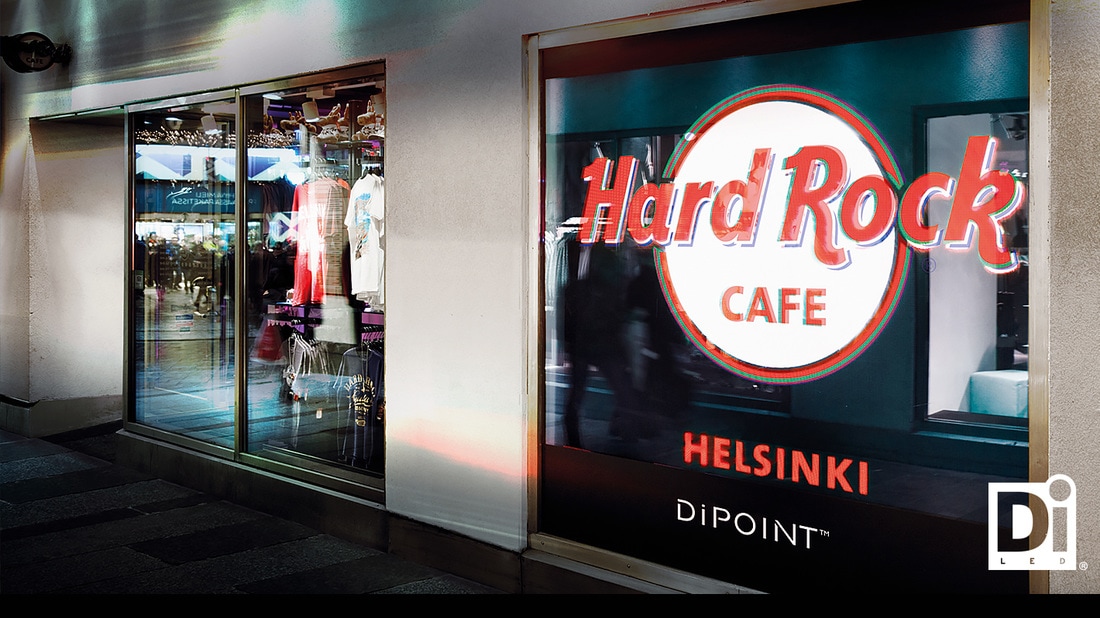 DiLED LED screen referenssi Hard Rock Cafe mainosikkuna